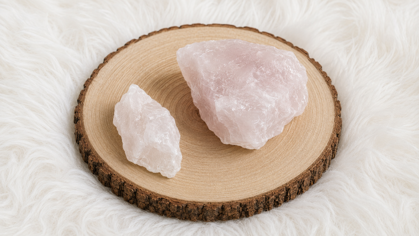 Two rough pink and white crystal stones displayed on a round natural wood slice coaster over a white faux fur surface.